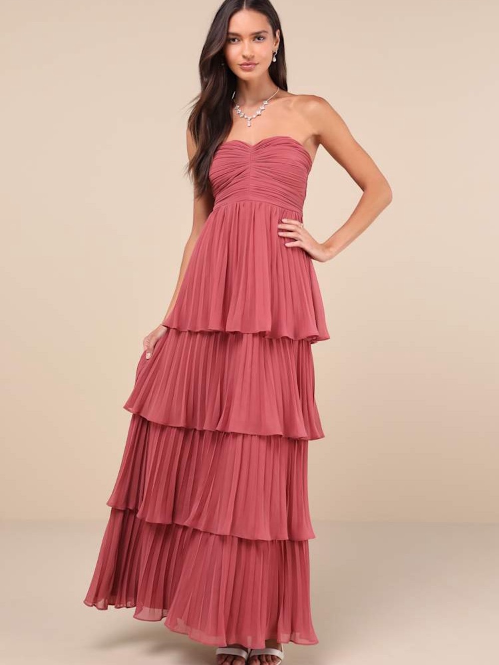 Lulu's Strapless Tiered Maxi Dress in Dusty Rose